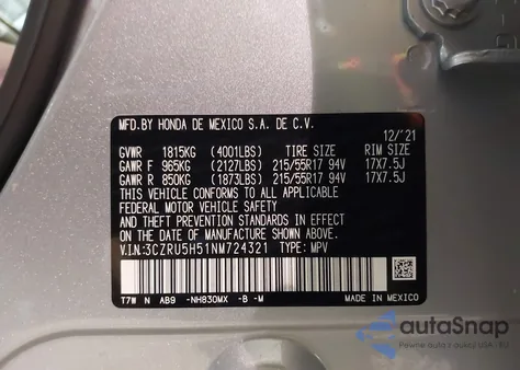 2022 Honda Hr-V 2Wd Ex from USA, damaged, VIN 3CZRU5H51NM724321